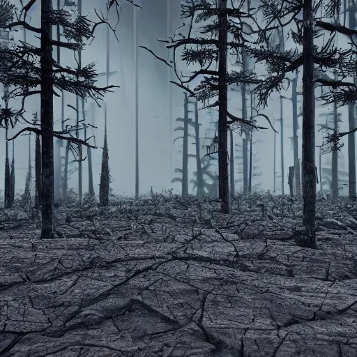 Prompt: dystopian landscape, desolate, tall grim trees. photograph, octane render