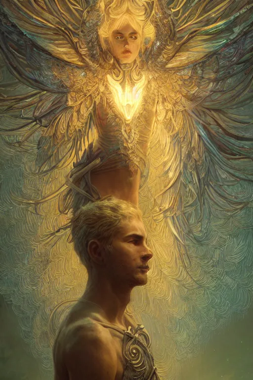 Image similar to portrait of an angelic male with intricate body armor made of bioluminescence wires by gaston bussiere, joe fenton and anato finnstark, arstation and beeple highly, feathers, shimmer detailed, cinematic lighting, octane render, unreal engine lumen, very coherent. cinematic, hyperrealism, high detail, octane render, 8 k