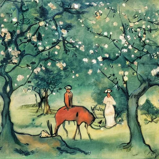 Image similar to A beautiful conceptual art depicting a farm scene. The conceptual art shows a view of an orchard with trees in bloom. by Gerda Wegener, by Peter Milligan dynamic