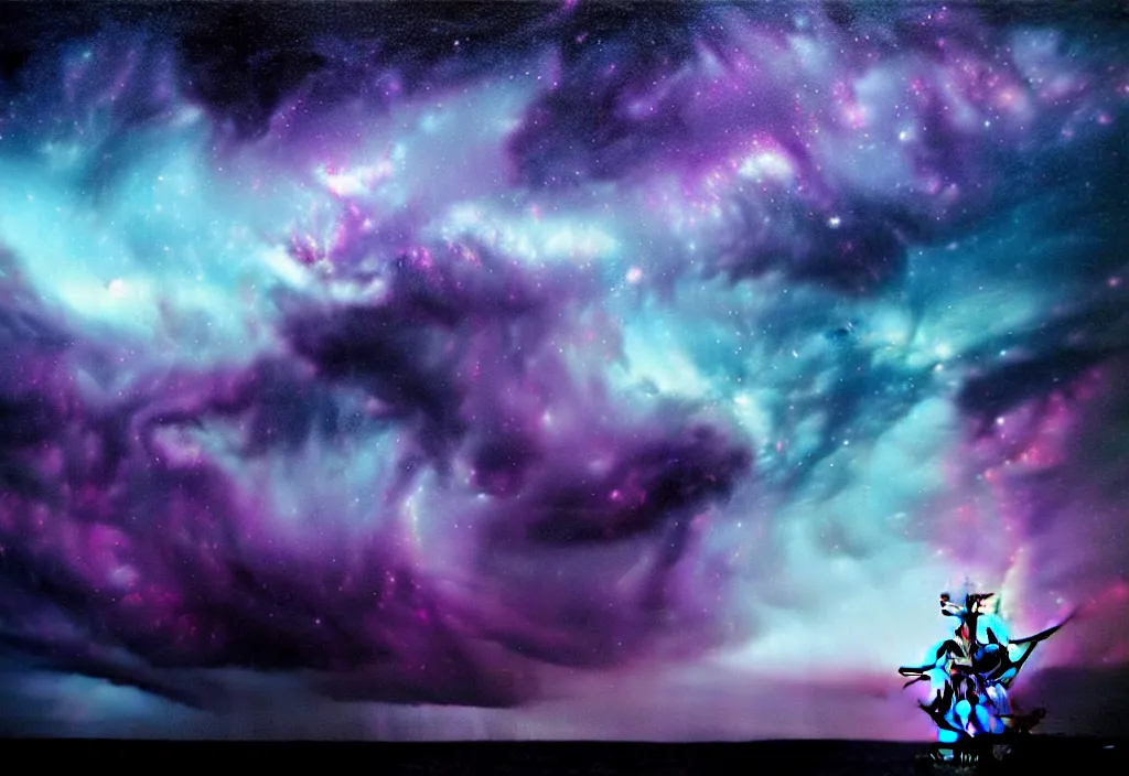 Image similar to purple color lighting storm with stormy sea close up of a pirate ship firing its cannons trippy nebula sky with dramatic clouds painting by banksy Photorealism