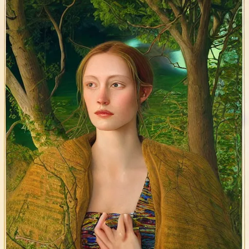 Image similar to A beautiful portrait of a woman with iridescent skin in a scenic environment by James C. Christensen