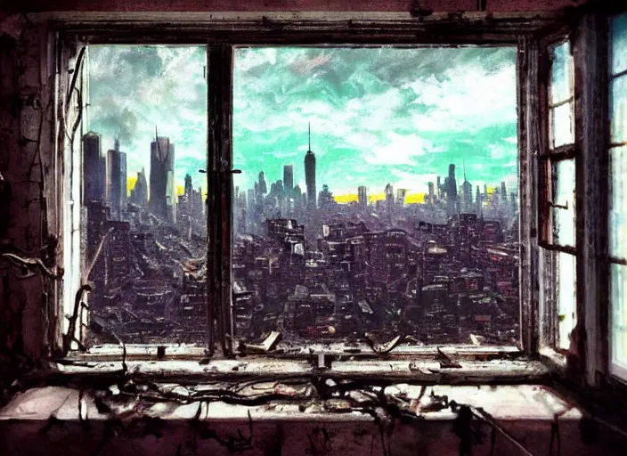 Image similar to seen through a window, decrepit new york, post apocalyptic cityscape after a nuclear war, beautiful radioactive sunset lighting, beautiful painting, fallout