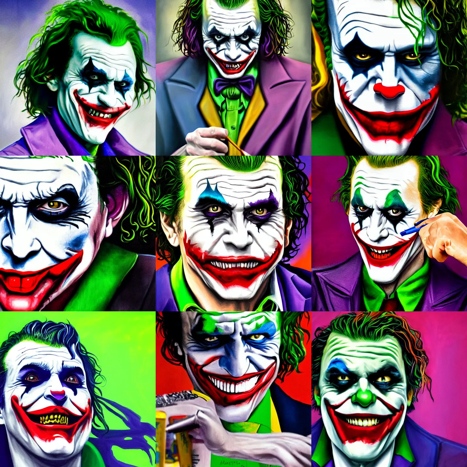 Prompt: The Joker painting a portrait of himself with a Manic smile, 4k , high detail art,