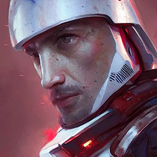 Image similar to portrait of a man by greg rutkowski, a soldier of the galactic triunvirate wearing a red and white tactical gear, star wars expanded universe, highly detailed portrait, digital painting, artstation, concept art, smooth, sharp foccus ilustration, artstation hq