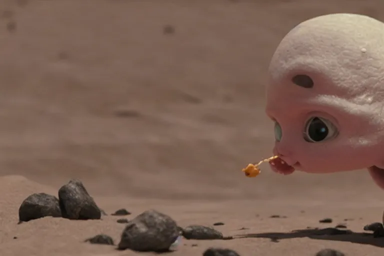 Image similar to vfx movie scene closeup adorable tiny little baby alien creature in moon desert eating a rock. by emmanuel lubezki