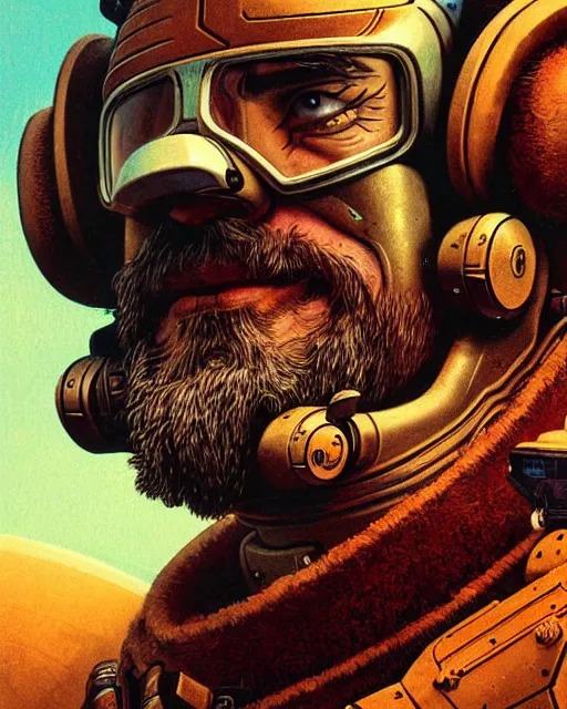 Image similar to torbjorn from overwatch, character portrait, portrait, close up, concept art, intricate details, highly detailed, vintage sci - fi poster, retro future, vintage sci - fi art, in the style of chris foss, rodger dean, moebius, michael whelan, and gustave dore