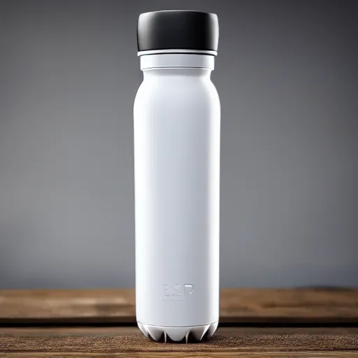 Image similar to cinematic photoshoot of clean modern hand crafted super futuristic tech water bottle pro display xpr luxury smooth color metal white silver with black leather padding well design ultrareallistic detailed high quality 8 k photorealistic ultra realistic