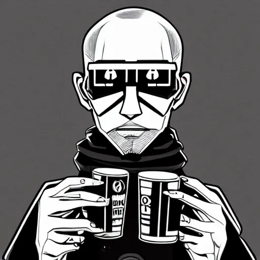 Prompt: edgy hacker man drinking energy drink, cyberpunk, futuristic, sumai-e artstyle, monochrome