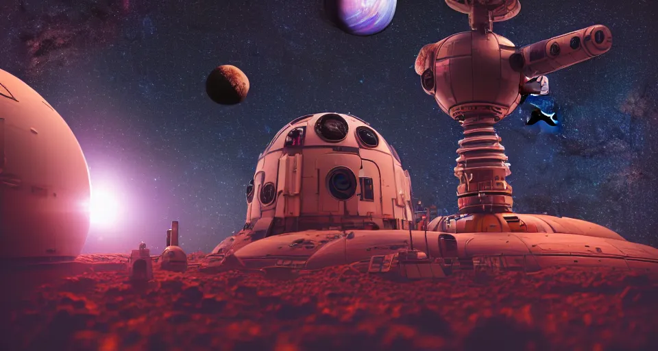 Prompt: a beautiful up close view of a orbital space habitat, underneath a star filled night sky, warm coloured, gigantic pillars and flowers, maschinen krieger, beeple, film, atmospheric perspective