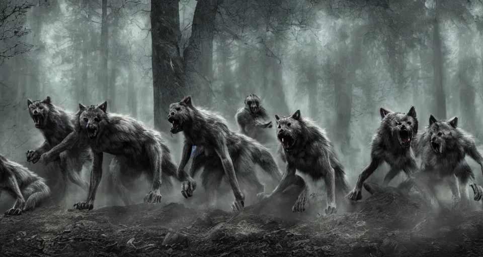 Prompt: an epic action photorealistic masterpiece of a pack of werewolves, in a forest made of nightmares, horrific digital art, extremely moody lighting, style of chippy