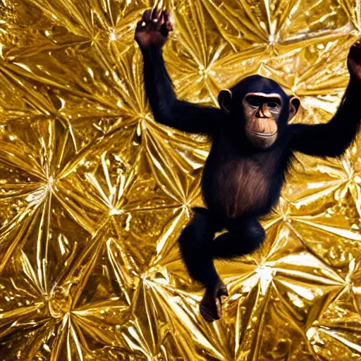 a gold coated shiny chimpanzee flying above earth, Stable Diffusion