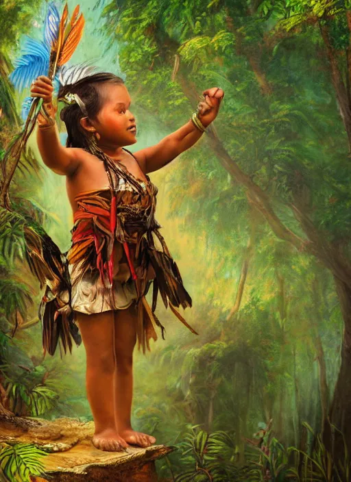 Prompt: a beautiful painting of an indigenous child celebrating in the jungle, fantasy art, matte painting, highly detailed