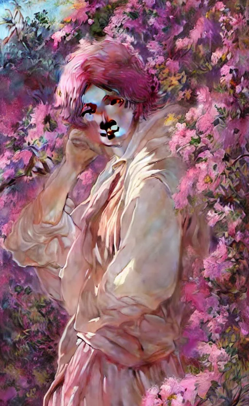 Prompt: androgynous cute pink haired yoongi wearing greek clothes, muted colors, colorful flowers, tropical, sunlight filtering through skin, dynamic hair movement, dynamic pose, glowing butterflies, j. c leyendecker, by alan lee, wlop! illustrated by starember, fantasy art by craig mullins cfg _ scale 8