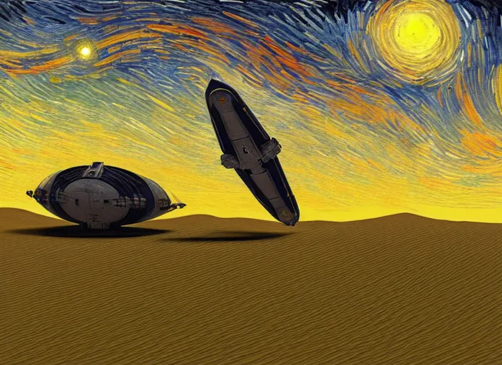 Prompt: a single cargo spaceship taking off seen from the surface of a small town on a desert planet, star wars, digital art, trending on art station, in the art style of vincent van gogh starry night