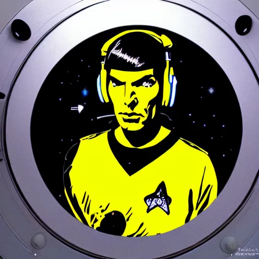 Image similar to svg sticker of a Pop-Wonder Captain-Spock-Star-Trek at a rave, spinning records, giant headphones rocking out, wearing headphones, huge speakers, dancing, rave, DJ, spinning records, digital art, amazing composition, rule-of-thirds, award-winning, trending on artstation, featured on deviantart