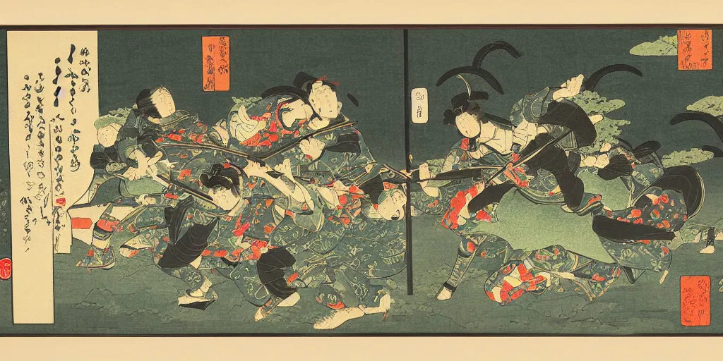 Image similar to ukiyo - e style painting of heavily armored samurai fighting in fierce battle in a beautiful forest