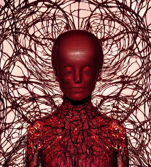 Prompt: still frame from Prometheus, gaia covered in crimson filament sowing in blosoming mycelium gardens, dressed by Neri Oxman and alexander mcqueen, metal couture haute couture editorial by utagawa kuniyoshi by giger