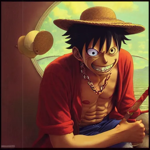 Image similar to highly detailed vfx portrait of monkey d. luffy, stephen bliss, greg rutkowski, loish, rhads, beeple, makoto shinkai, tom bagshaw, alphonse mucha, global illumination, sharp focus, art by artgerm and greg rutkowski, stanley kubrick, best of behance, cinematic lighting, frowning, mouth closed,