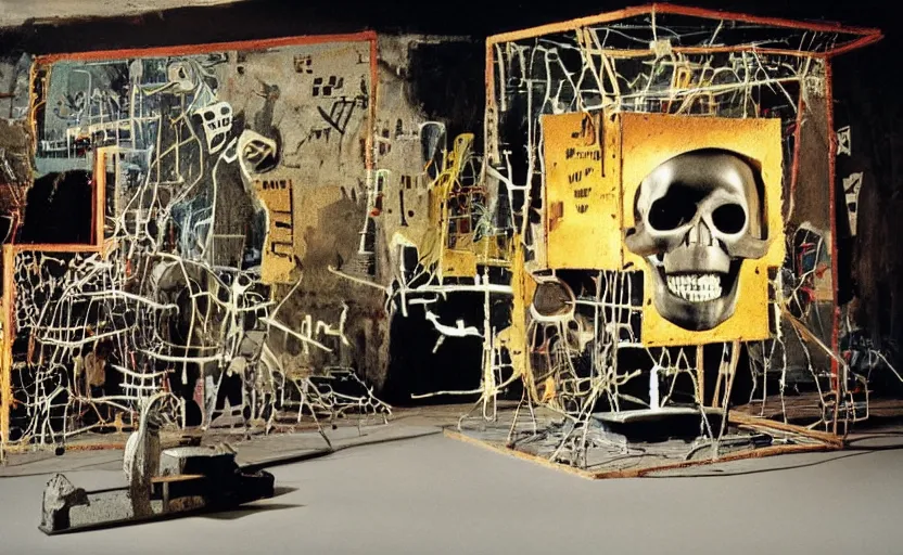 Image similar to photograph of a skull machine built by basquiat perfect composition masterpiece dramatic lighting