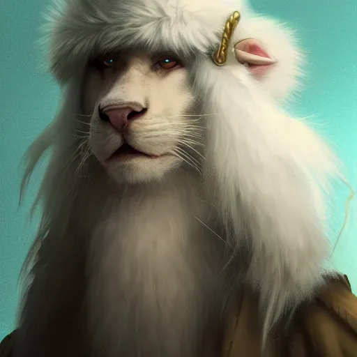 Image similar to portrait of a white panter with a very long fur and wizard hat, fantasy, trending on artstation, heroic pose, illustration, highly detailed, simple, 8k