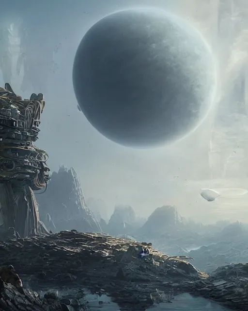 Prompt: epic concept art matte painting by weta digital, towering abandoned alien superstructure, hostile exoplanet with two moons, george lucas, mohrbacher, cgisociety