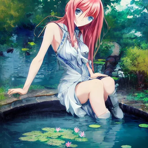 Image similar to isekai masterpiece drawn byaenami alena, atroshenko andrew, asencio henry, averin alexandr, blanchard antoine, bussiere gaston of a beautiful anime girl sitting in a pond filled with lily pads and koi fish