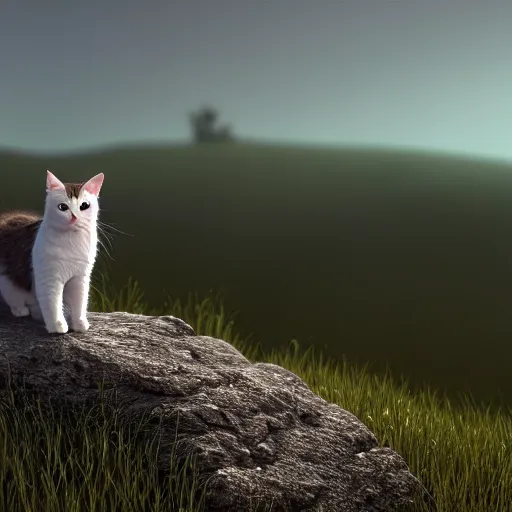 Image similar to an image of a cat on a hill in a rural appalachian landscape, octane render, detailed, 8 k resolution, hyperrealistic