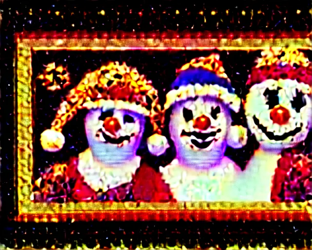 Image similar to 8 0's christmas special, featuring frosty the snowman, the band kiss, and the harlem globe trotters, frame from vhs tape