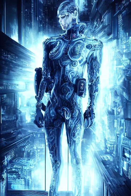 Prompt: ultra realist and ultra intricate detailed soft painting of a cyberpunk sci-fi male, from the waist up, porcelain skin, symmetry features, glowing blue eyes, sensual gloomy style, volumetric clouds, cyberpunk window overlooking earth in background