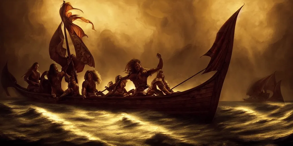 Image similar to vikings sailing a longship, by Rolf Armstrong and Evelyn De Morgan and Bastien Lecouffe-Deharme, dramatic lighting, high contrast colors, baroque, empyrean, panoramic view, as trending on Artstation, highly detailed, doom engine,