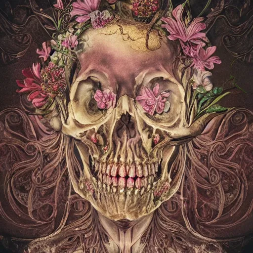 Image similar to a beautiful detailed front view baroque portrait of a rotten woman corpse becoming almost a skull with fractal plants and fractal flowers and mushrooms growing around, intricate, ornate, volumetric light, beautiful lit, polaroid photography