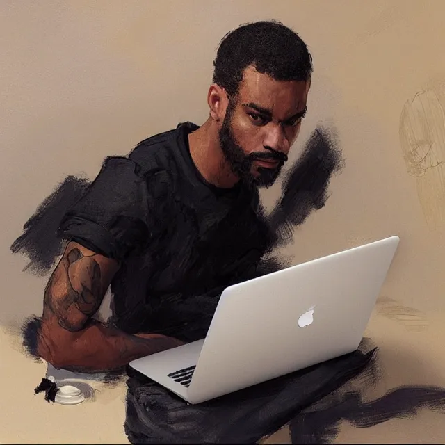 Image similar to a lightskinned black man with short hair, shaved beard, using a macbook, portrait, elegant, intricate, digital painting, artstation, concept art, smooth, sharp focus, illustration, art by konstantin korovin and daniel f. gerhartz and john howe