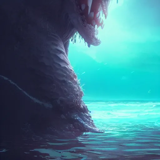 Image similar to a colossal monster peering out of the ocean. intricate artwork by beeple. third person, beautiful, full view, cinematic lighting, octane render, trending on artstation, greg rutkowski very coherent artwork. cinematic, hyper realism, high detail, octane render, 8k