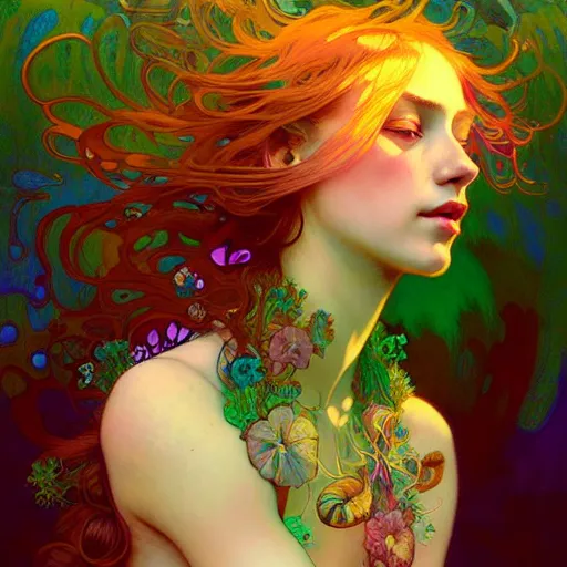 Image similar to A girl having an extremely colorful psychedelic experience, magic mushrooms, psilocybin, face, detailed, intricate, elegant, highly detailed, digital painting, artstation, concept art, smooth, sharp focus, illustration, art by Krenz Cushart and Artem Demura and alphonse mucha