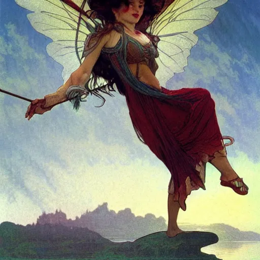 Image similar to Dark fantasy fairy flying over a lake, concept art, fantasy, award-winning art, 4k, sharp, dramatic lighting, cinematic, by Alphonse Mucha, James Gurney