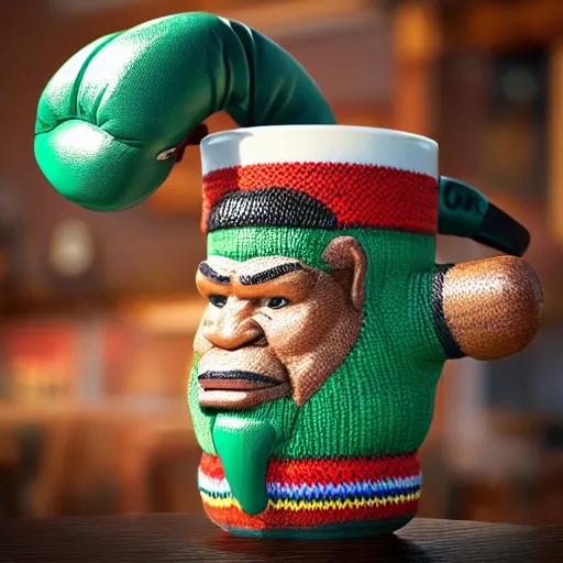 Prompt: a photorealistic photograph of a knitted Trader Vic's Tiki Mug featuring Mike Tyson wearing boxing gloves at bar Trending on Artstation, featured on Behance, well-rendered, Unreal Engine, 4K HD