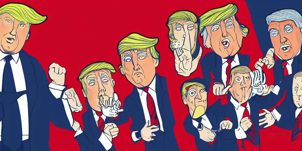 Image similar to donald trump as a malicious puppeteer controlling supreme court justices, full color digital illustration