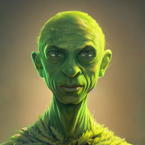 Image similar to a man made of hemp, with a head in the form of a cannabis bloom, man like smurf, green skin, character, art by james jean and greg rutkowski!!, realistic face, digital art,, golden ratio, perfect composition, trending on artstation, 8 k