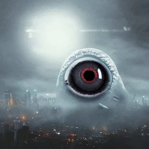 Image similar to a giant eyeball monster conquering a foggy city, photorealistic