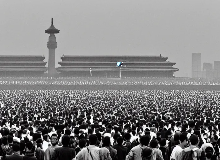 Prompt: Study of Perspective on Tiananmen Square, by Ai Weiwei, black and white photograph, pov