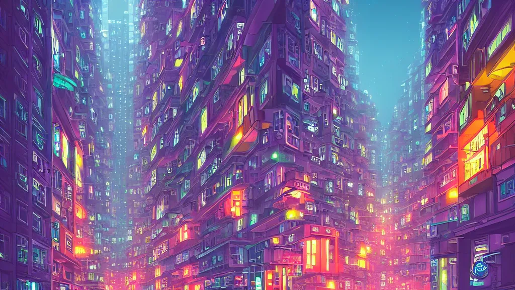 Prompt: street level view looking down the street road of futuristic hong kong city at night by cyril rolando and naomi okubo and dan mumford and ricardo bofill. advertisements. neon. tower blocks.