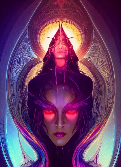 Image similar to book cover, front portrait, dark witch with black hood and evil eyes, realism, soft, smooth, luminescent, art nouveau tarot, backlit glow, colorful swirly ripples, gaudy colors, aesthetic octane render, unreal engine, 8 k, by artgerm, greg rutkowski, alphonse mucha