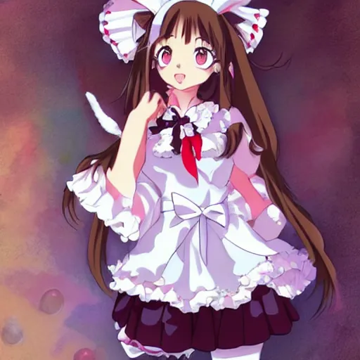 Image similar to a stunningly cute anime catgirl as a maid, art by studio ghibli, anime key visual, long brown hair, artstation