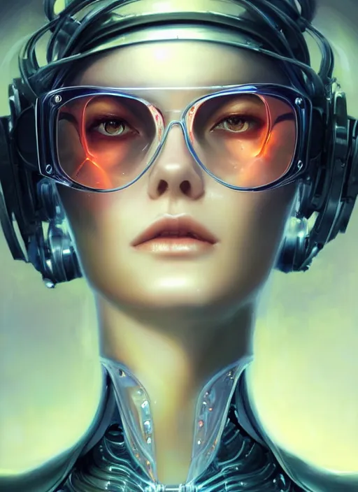 Prompt: a beautiful woman wearing transparent cybernetic glasses, painted by artgerm and tom bagshaw, fantasy art, dramatic lighting, highly detailed oil painting