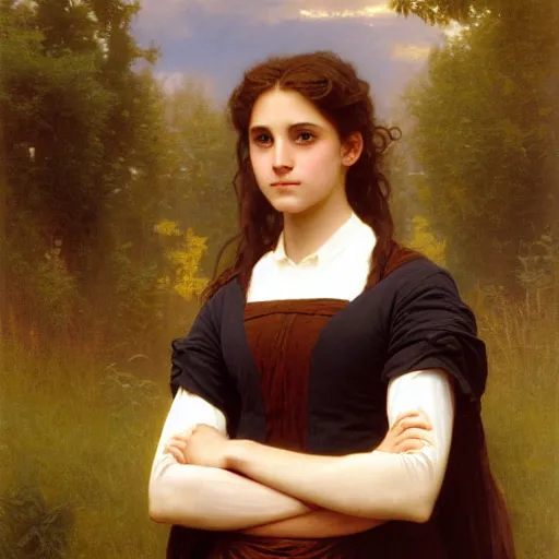 Prompt: Painting of Hermione Granger by William Adolphe Bouguereau. Sunset. Extremely detailed. 4K. Award winning.