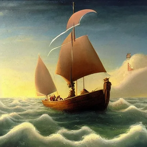 Image similar to viking longship in the sea, norse, history, wood, oil painting, waves, romanticism, clouds