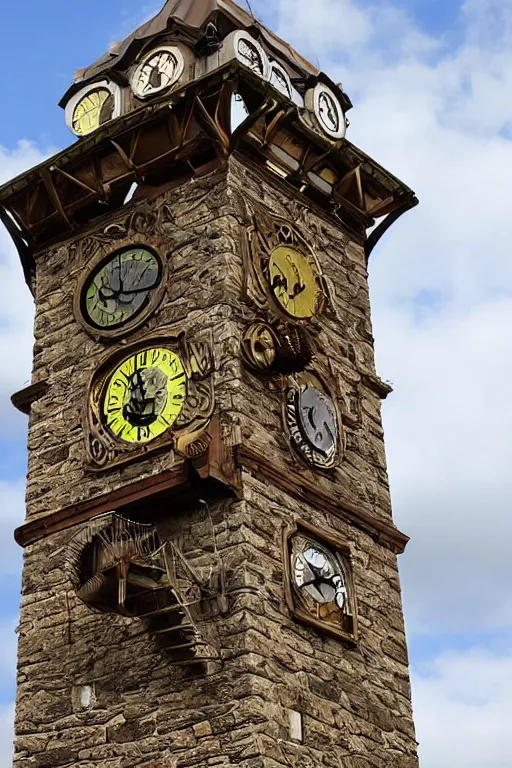 Prompt: the impossible clock tower on the top of a mountain, steampunk art