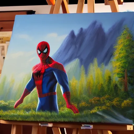 Image similar to a closeup photorealistic photograph of bob ross working on a canvas painting of spiderman. film still. brightly lit scene. mountains and trees. this 4 k hd image is trending on artstation, featured on behance, well - rendered, extra crisp, features intricate detail, epic composition and the style of unreal engine.