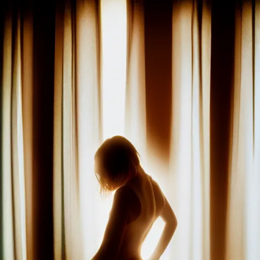 Image similar to photography of female models behind white curtains, dramatic light, cinestill, filmstill, bokeh, long exposure, god rays, magic hour