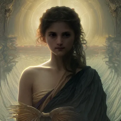 Prompt: portrait of a maiden on the river styx, top view, intricate, elegant, highly detailed, digital painting, artstation, concept art, smooth, sharp focus, illustration, art by artgerm and greg rutkowski and alphonse mucha and william - adolphe bouguereau